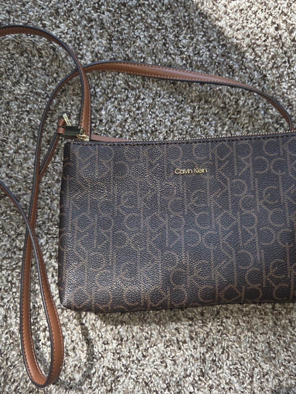 Calvin Klein Brown Monogram Crossbody with Tan Strap